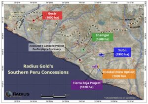 Radius Gold tiene derecho exclusivo a un adicional de 4,500 hectarias en el distrito (Gerár – 1000 ha, Shamgar – 1600 ha, Sidón – 1900 ha, en sureste de Peru)