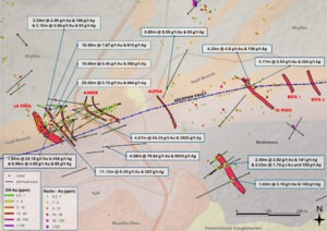  Holly Property interpretó la geología de la superficie, las muestras de astillas de roca de la superficie y la intersección de perforación seleccionada proyectada a la superficie.Foto: Radius Gold