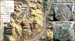 Mapeo detallado de alteraciones de Tierra Roja con leyes de cobre superiores al 1% representadas.