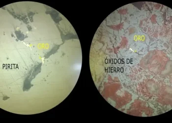 Microfotografías de oro bajo el microscopio calcográfico. En la sección de la izquierda se observa el oro dentro de la pirita y en la sección de la derecha se lo observa asociados a óxidos de hierro.