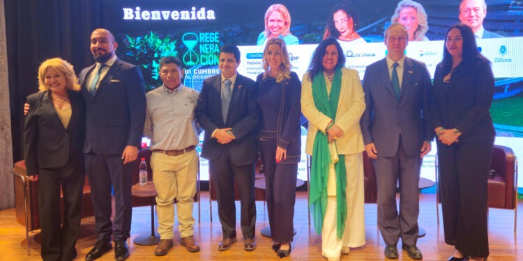 De izquierda a derecha: Patricia Arringo (moderadora), Sebastián Quiñones (CIL LITHIUM), Héctor Cruz (Comunidad Camar), Felipe Wilenmann (Cámara Chileno Suiza de Comercio, Ann Bruggeman (BELGOLUX), Pamela Goicovicg (CIL LITHIUM), Christian de Lannoy (Embajada Bélgica), Roxana Torres (Consejo de Pueblos Atacameños). Foto: InfoMINERÍA